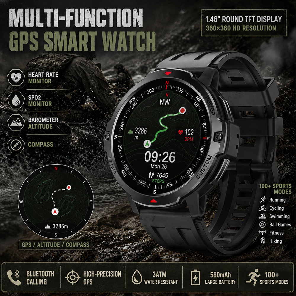 새로운 1.46인치 군용 GPS 스마트워치 3ATM 방 - Smartwatch Timex Watches For Women 리뷰 및 가격